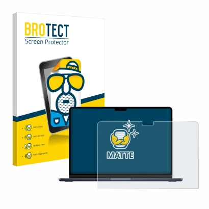 Parte frontal de un envase de producto con el logotipo de la marca BROTECT. Al lado se muestra el dispositivo Apple MacBook Ai