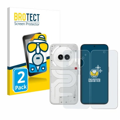 Parte frontal de un envase de producto con el logotipo de la marca BROTECT. Al lado se muestra el dispositivo Nothing Phone (2