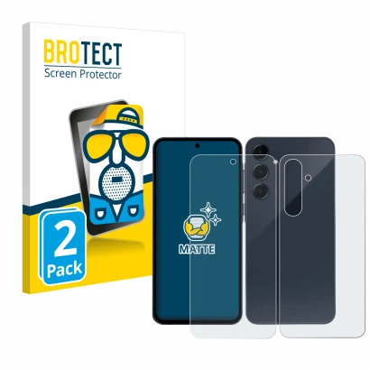 Parte frontal de un envase de producto con el logotipo de la marca BROTECT. Al lado se muestra el dispositivo Samsung Galaxy A