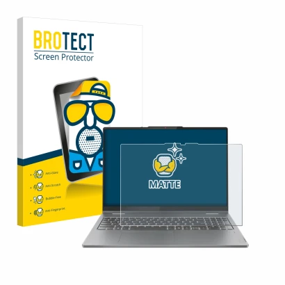 Parte frontal de un envase de producto con el logotipo de la marca BROTECT. Al lado se muestra el dispositivo Lenovo IdeaPad 5