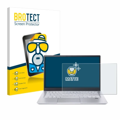 Parte frontal de un envase de producto con el logotipo de la marca BROTECT. Al lado se muestra el dispositivo Acer Swift X 14 