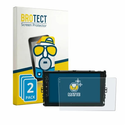 Parte frontal de un envase de producto con el logotipo de la marca BROTECT. Al lado se muestra el dispositivo Dynavin D9-T6 co