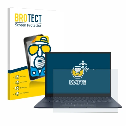 Parte frontal de un envase de producto con el logotipo de la marca BROTECT. Al lado se muestra el dispositivo ASUS ZenBook 14 