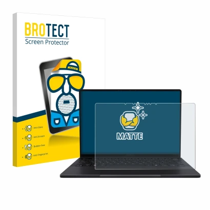 Parte frontal de un envase de producto con el logotipo de la marca BROTECT. Al lado se muestra el dispositivo ASUS ProArt PX13