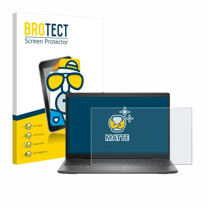 Parte frontal de un envase de producto con el logotipo de la marca BROTECT. Al lado se muestra el dispositivo Dell Latitude 15