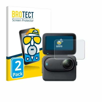 Parte frontal de un envase de producto con el logotipo de la marca BROTECT. Al lado se muestra el dispositivo Insta360 Go 3S c