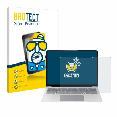 Parte frontal de un envase de producto con el logotipo de la marca BROTECT. Al lado se muestra el dispositivo Microsoft Surfac