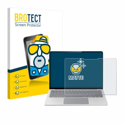 Parte frontal de un envase de producto con el logotipo de la marca BROTECT. Al lado se muestra el dispositivo Microsoft Surfac