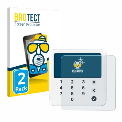 Parte frontal de un envase de producto con el logotipo de la marca BROTECT. Al lado se muestra el dispositivo SumUp Solo Lite