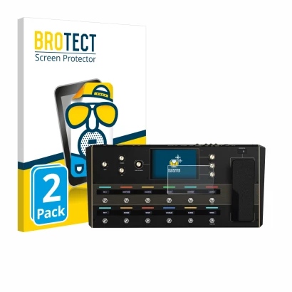 Parte frontal de un envase de producto con el logotipo de la marca BROTECT. Al lado se muestra el dispositivo Headrush Prime c