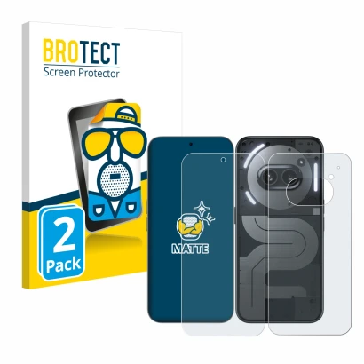 Parte frontal de un envase de producto con el logotipo de la marca BROTECT. Al lado se muestra el dispositivo Nothing Phone (2