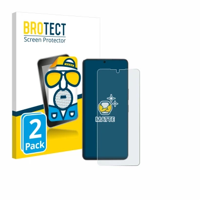 Parte frontal de un envase de producto con el logotipo de la marca BROTECT. Al lado se muestra el dispositivo Cubot Max 5 con