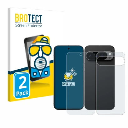 Parte frontal de un envase de producto con el logotipo de la marca BROTECT. Al lado se muestra el dispositivo Google Pixel 9 P