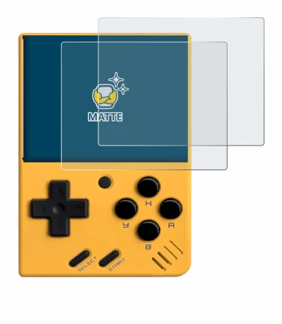 Imagen del dispositivo Miyoo Mini V4 con una amplia variedad de protectores de pantalla.