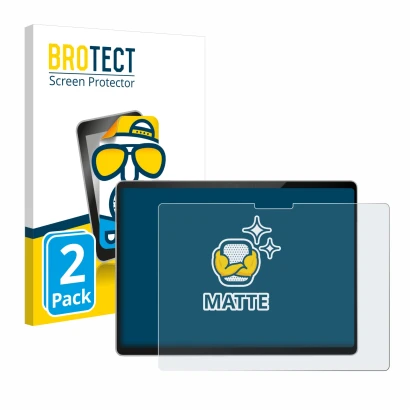 Parte frontal de un envase de producto con el logotipo de la marca BROTECT. Al lado se muestra el dispositivo Microsoft Surfac