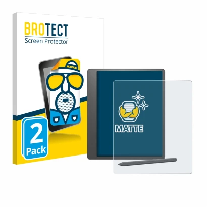 Parte frontal de un envase de producto con el logotipo de la marca BROTECT. Al lado se muestra el dispositivo Amazon Kindle Sc