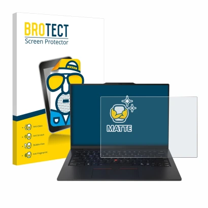 Parte frontal de un envase de producto con el logotipo de la marca BROTECT. Al lado se muestra el dispositivo Lenovo ThinkPad