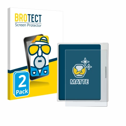 Parte frontal de un envase de producto con el logotipo de la marca BROTECT. Al lado se muestra el dispositivo Boox Go Color 7 