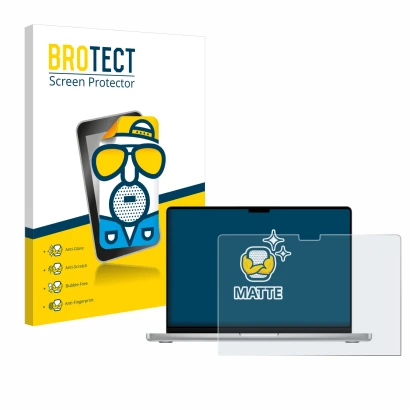 Parte frontal de un envase de producto con el logotipo de la marca BROTECT. Al lado se muestra el dispositivo Apple MacBook Pr