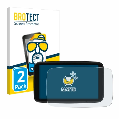 Parte frontal de un envase de producto con el logotipo de la marca BROTECT. Al lado se muestra el dispositivo TomTom GO Advanc