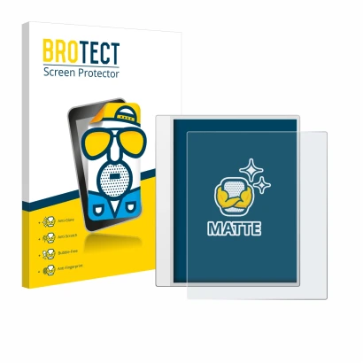 Parte frontal de un envase de producto con el logotipo de la marca BROTECT. Al lado se muestra el dispositivo Boox Note Max co