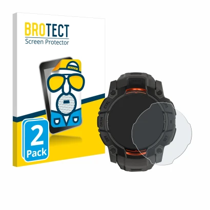 Parte frontal de un envase de producto con el logotipo de la marca BROTECT. Al lado se muestra el dispositivo Garmin Instinct