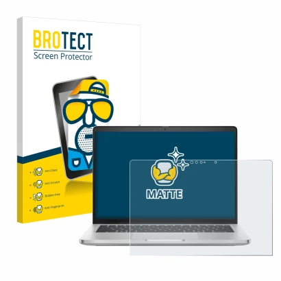 Parte frontal de un envase de producto con el logotipo de la marca BROTECT. Al lado se muestra el dispositivo Dell Pro 14 Plus