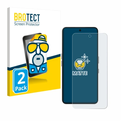 Parte frontal de un envase de producto con el logotipo de la marca BROTECT. Al lado se muestra el dispositivo Nothing Phone (3