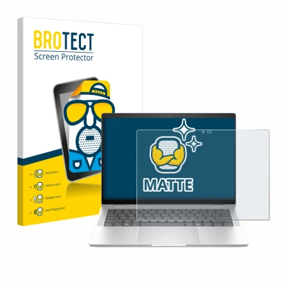 Parte frontal de un envase de producto con el logotipo de la marca BROTECT. Al lado se muestra el dispositivo HP EliteBook X F