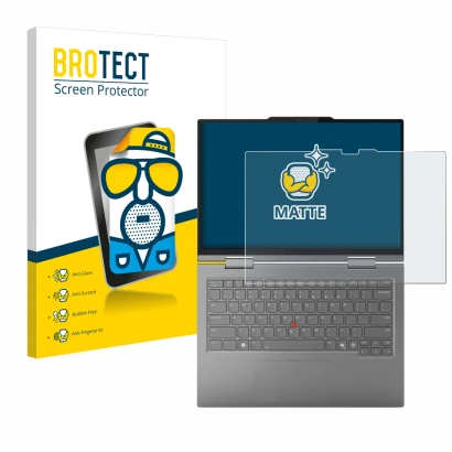 Parte frontal de un envase de producto con el logotipo de la marca BROTECT. Al lado se muestra el dispositivo Lenovo ThinkPad 