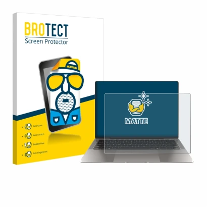 Parte frontal de un envase de producto con el logotipo de la marca BROTECT. Al lado se muestra el dispositivo Honor MagicBook 