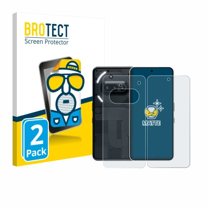 Parte frontal de un envase de producto con el logotipo de la marca BROTECT. Al lado se muestra el dispositivo Nothing Phone (3