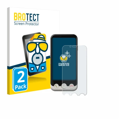 Parte frontal de un envase de producto con el logotipo de la marca BROTECT. Al lado se muestra el dispositivo Doro Aurora A10