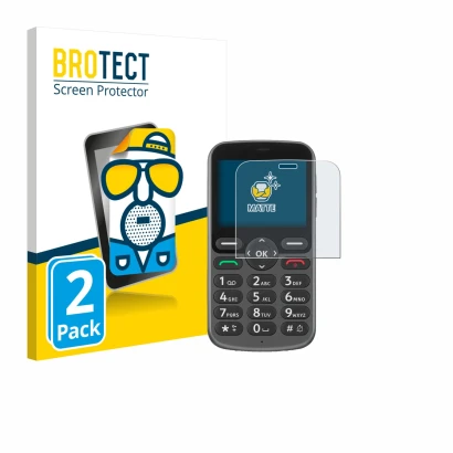 Parte frontal de un envase de producto con el logotipo de la marca BROTECT. Al lado se muestra el dispositivo Doro 1380 con su