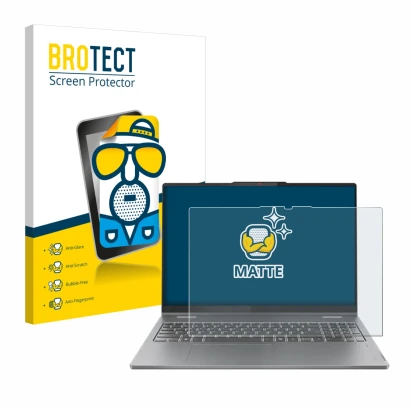 Parte frontal de un envase de producto con el logotipo de la marca BROTECT. Al lado se muestra el dispositivo Lenovo IdeaPad 5