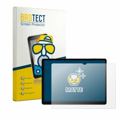 Parte frontal de un envase de producto con el logotipo de la marca BROTECT. Al lado se muestra el dispositivo Doogee Tab E3 Ma