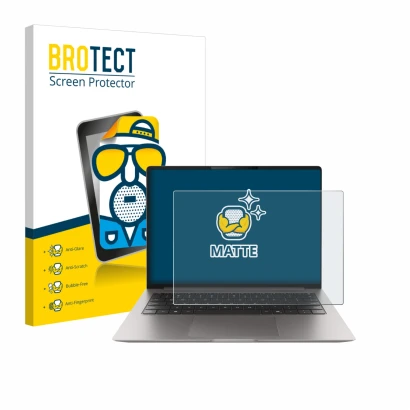 Parte frontal de un envase de producto con el logotipo de la marca BROTECT. Al lado se muestra el dispositivo Honor MagicBook 