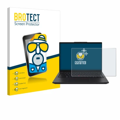 Parte frontal de un envase de producto con el logotipo de la marca BROTECT. Al lado se muestra el dispositivo Lenovo ThinkPad