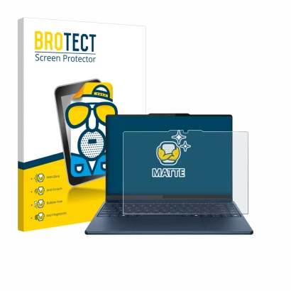 Parte frontal de un envase de producto con el logotipo de la marca BROTECT. Al lado se muestra el dispositivo Lenovo Yoga Pro 