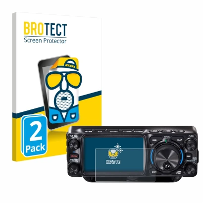 Parte frontal de un envase de producto con el logotipo de la marca BROTECT. Al lado se muestra el dispositivo Yaesu FTX-1 con
