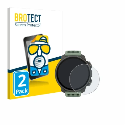 Parte frontal de un envase de producto con el logotipo de la marca BROTECT. Al lado se muestra el dispositivo Suunto Vertical