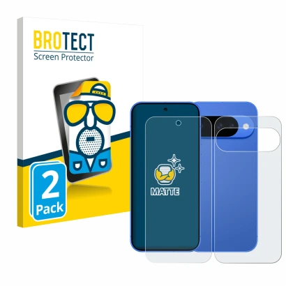 Parte frontal de un envase de producto con el logotipo de la marca BROTECT. Al lado se muestra el dispositivo Google Pixel 10 