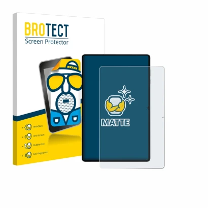 Parte frontal de un envase de producto con el logotipo de la marca BROTECT. Al lado se muestra el dispositivo Samsung Galaxy T