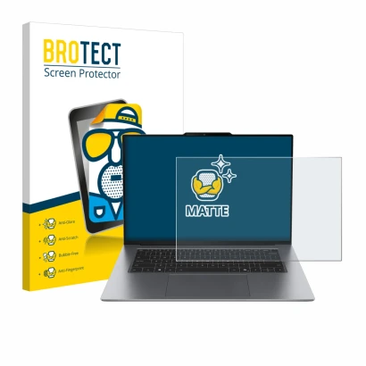 Parte frontal de un envase de producto con el logotipo de la marca BROTECT. Al lado se muestra el dispositivo Lenovo ThinkPad 