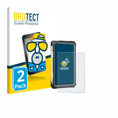 Parte frontal de un envase de producto con el logotipo de la marca BROTECT. Al lado se muestra el dispositivo Apple iPad Mini 