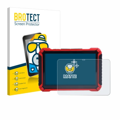 Parte frontal de un envase de producto con el logotipo de la marca BROTECT. Al lado se muestra el dispositivo Launch X-431 Pad