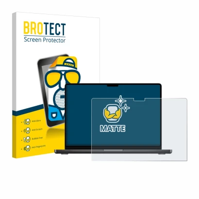 Parte frontal de un envase de producto con el logotipo de la marca BROTECT. Al lado se muestra el dispositivo Apple MacBook Pr