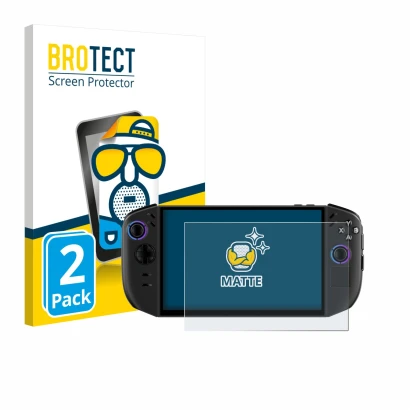 Parte frontal de un envase de producto con el logotipo de la marca BROTECT. Al lado se muestra el dispositivo Lenovo Legion Go