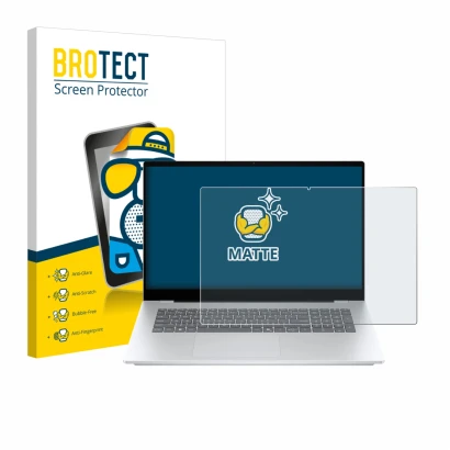 Parte frontal de un envase de producto con el logotipo de la marca BROTECT. Al lado se muestra el dispositivo HP OmniBook 7 17