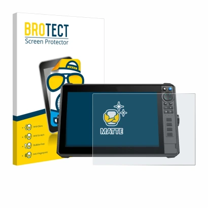Parte frontal de un envase de producto con el logotipo de la marca BROTECT. Al lado se muestra el dispositivo Lowrance HDS-12